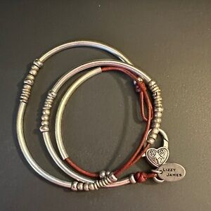 Lizzy James Silver and Red Leather Wrap Bracelet with Heart Charm
